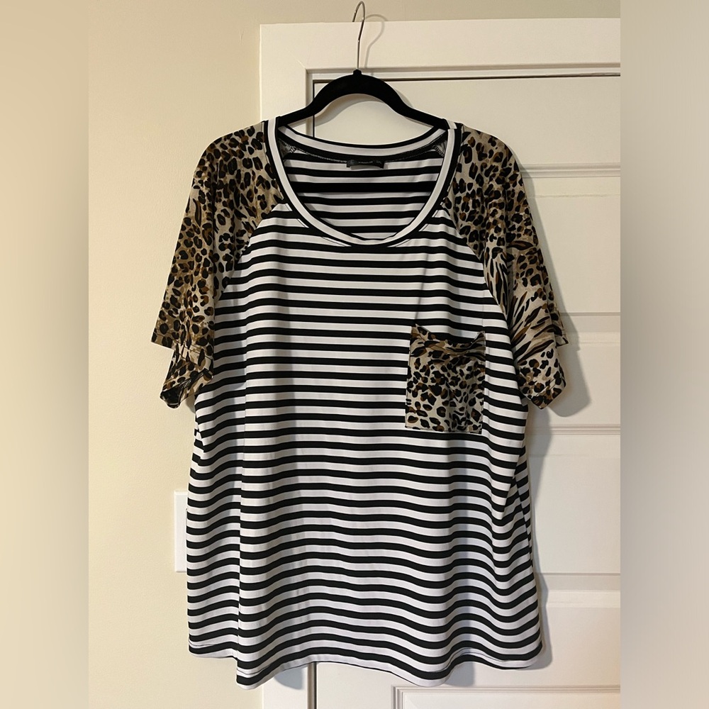 Striped & leopard tee with patch pocket, 3X